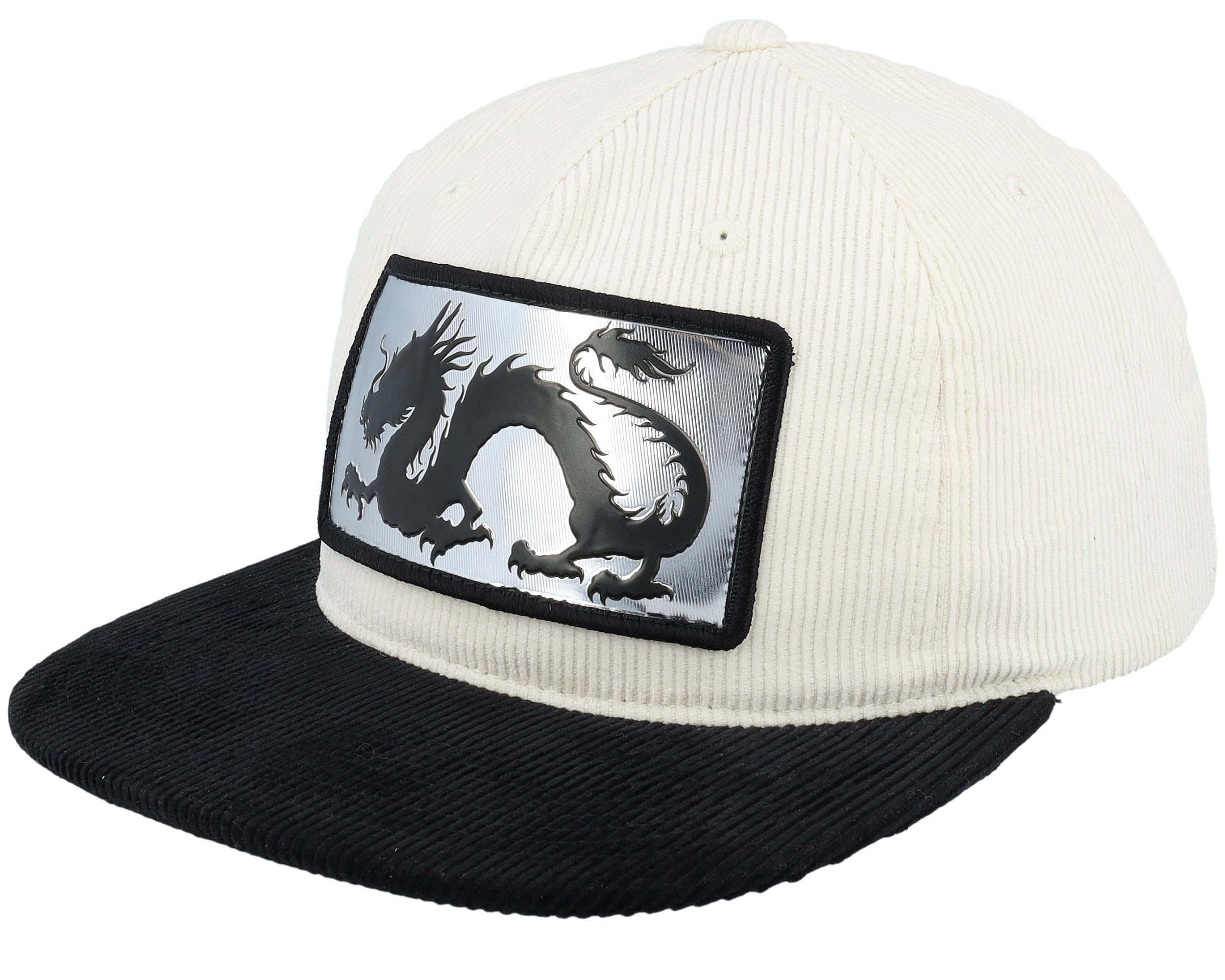 Chinese Dragon Silver Patch Ivory Black Corduroy Snapback Iconic Cap