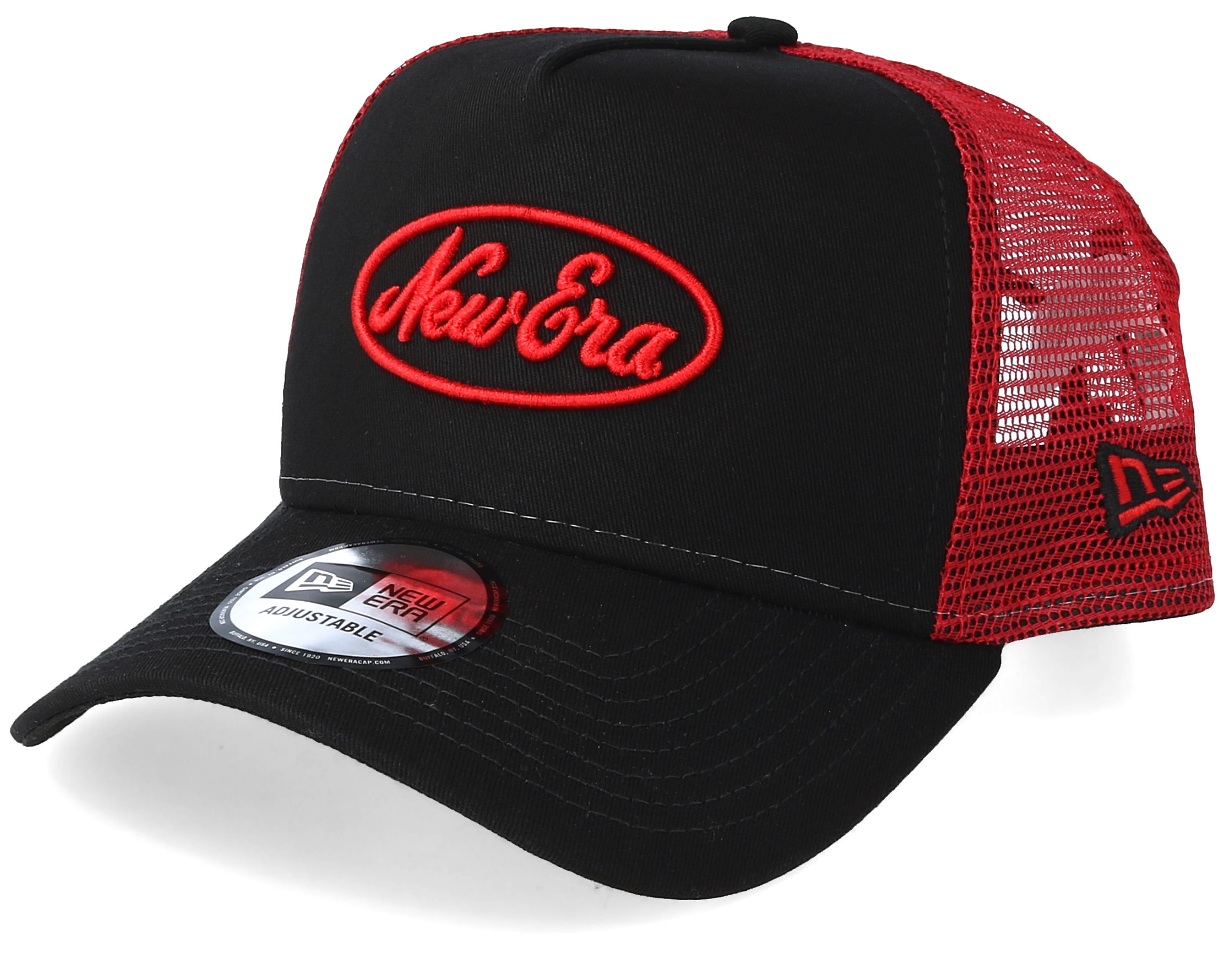 Oval Script Black/Red Trucker - New Era Cap | Hatstoreworld.com