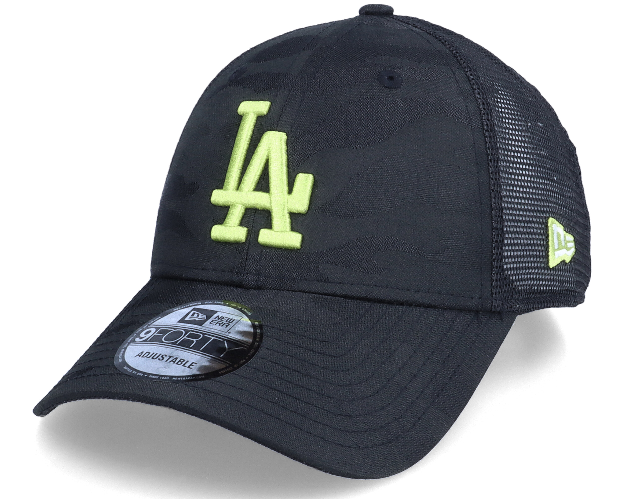 Los Angeles Dodgers Home Field 9FORTY Black Camo/Neon Yellow Trucker ...