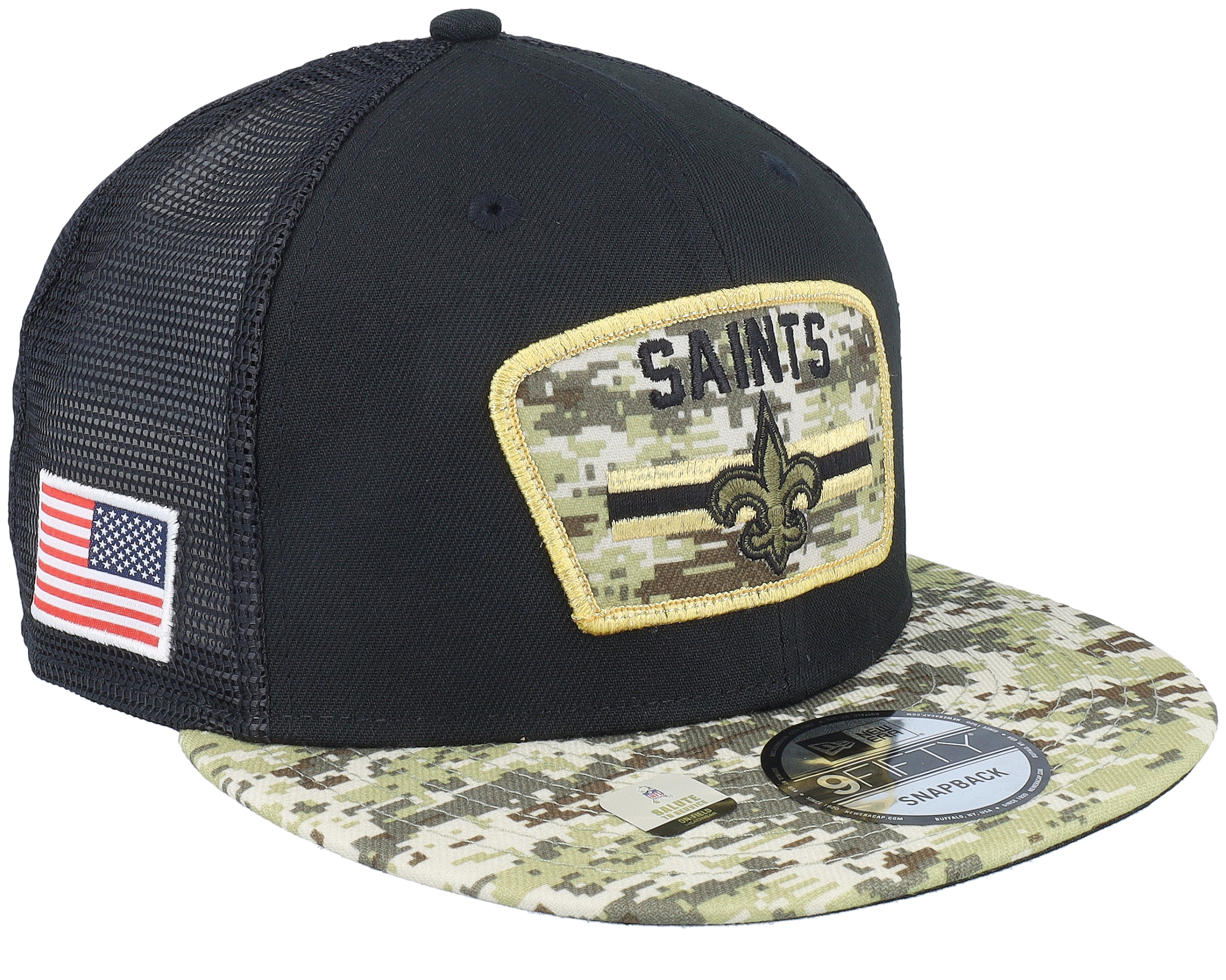 New Orleans Saints NFL21 Salute To Service 9FIFTY Black/Camo Trucker ...