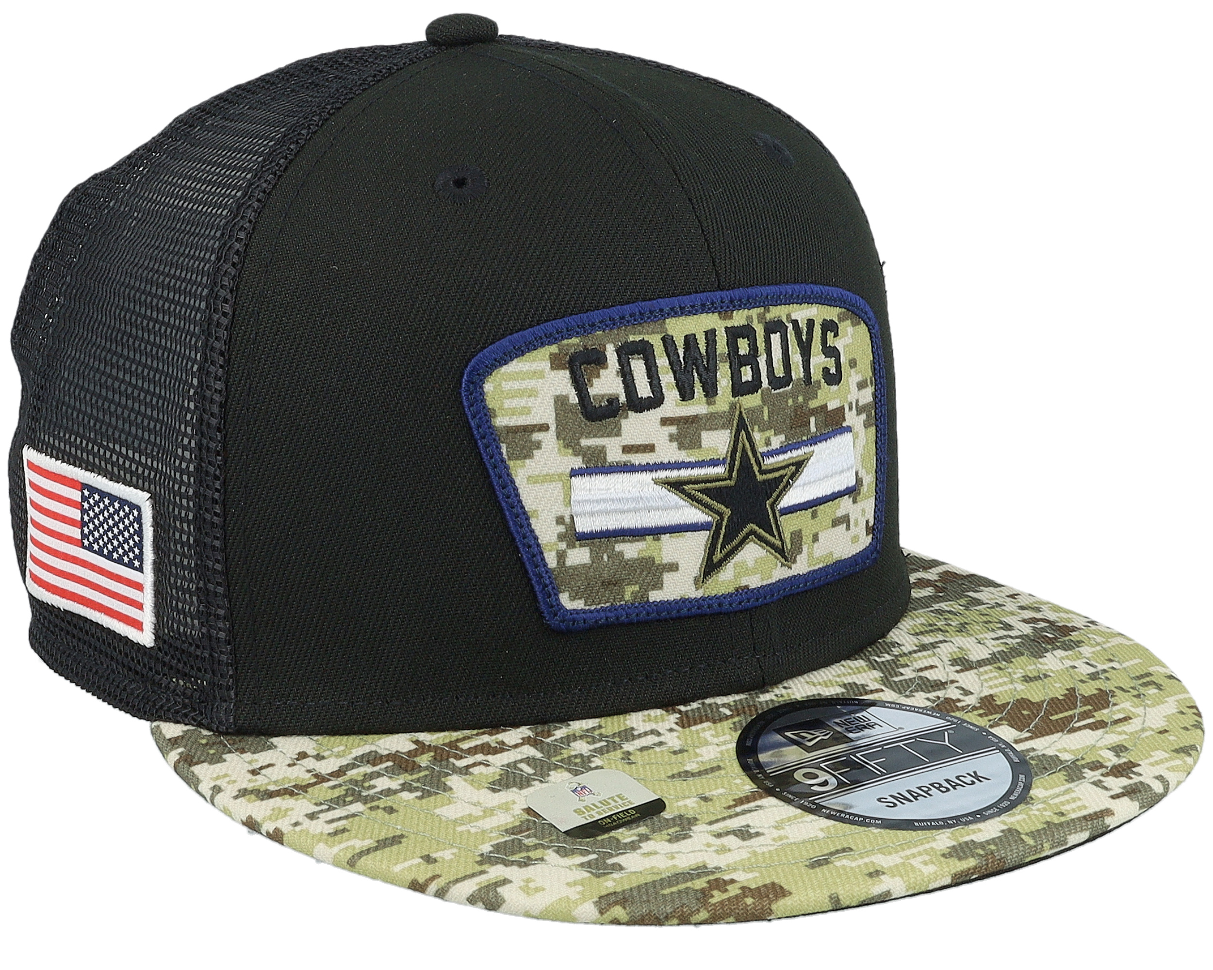 Dallas Cowboys NFL21 Salute To Service 9FIFTY Black/Camo Trucker - New Era  cap