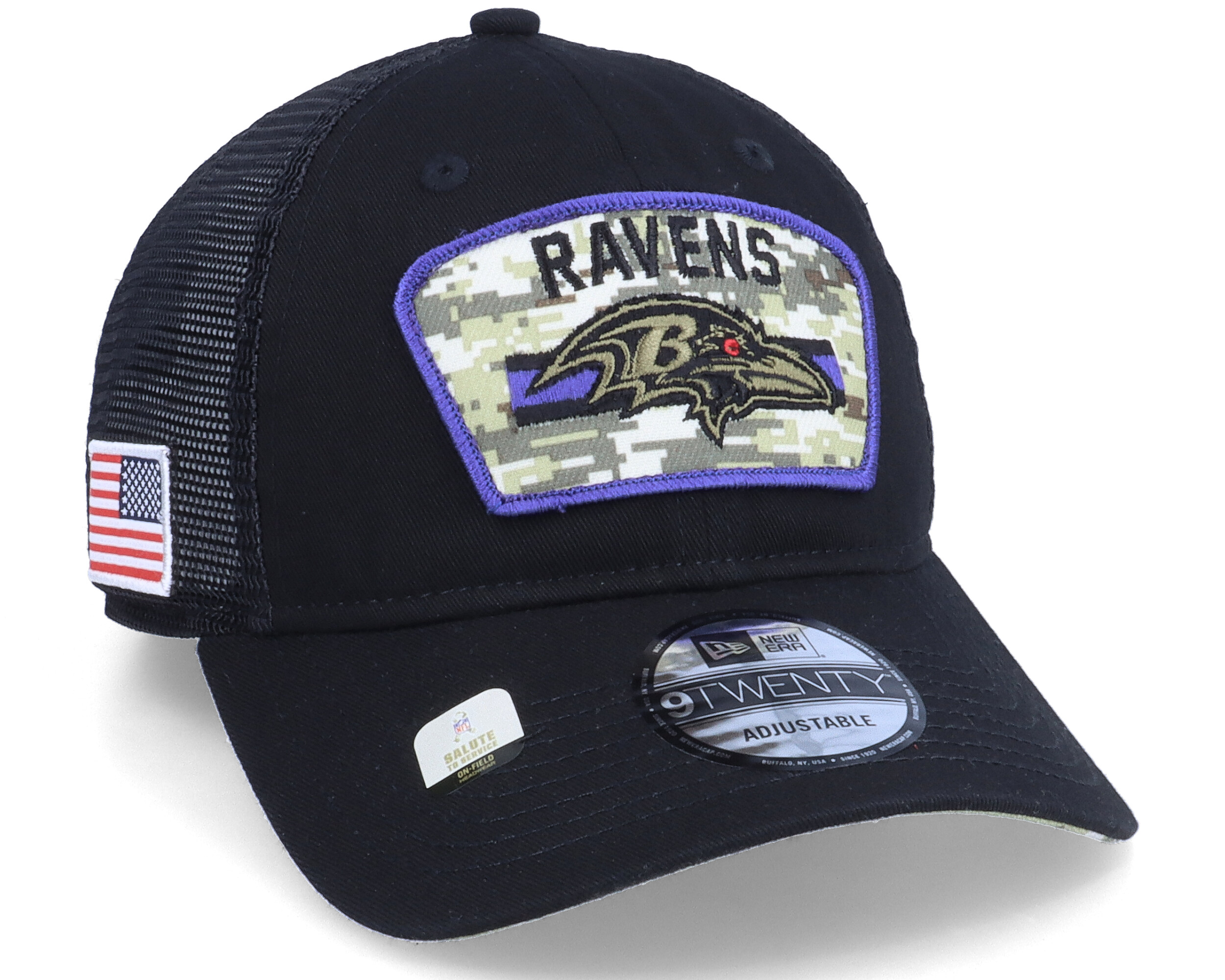 Men's New Era Black/Camo Baltimore Ravens 2021 Salute To Service Trucker  9FORTY Snapback Adjustable Hat - OSFA 