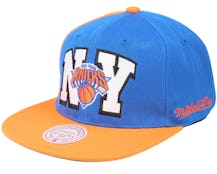 New York Knicks Rear Script Deadstock Nba Royal Orange Snapback - Mitchell & Ness