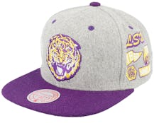 Louisiana State Tigers Melton Patch Grey/Purple Snapback - Mitchell & Ness