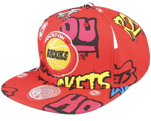 Mitchell and Ness Houston Rockets NBA Sticker Pack Hardwood Classics Snapback Hat in Red/Red