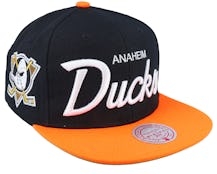 Anaheim Ducks Vintage Script Black/Orange Snapback - Mitchell & Ness