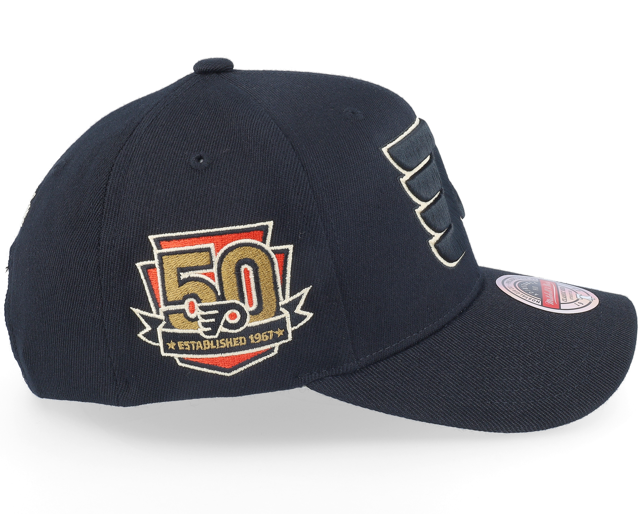 Hatstore Exclusive x Philadelphia Flyers 50th Anniversary Patch Black Adjustable Mitchell Ness Cap Hatstore.ie