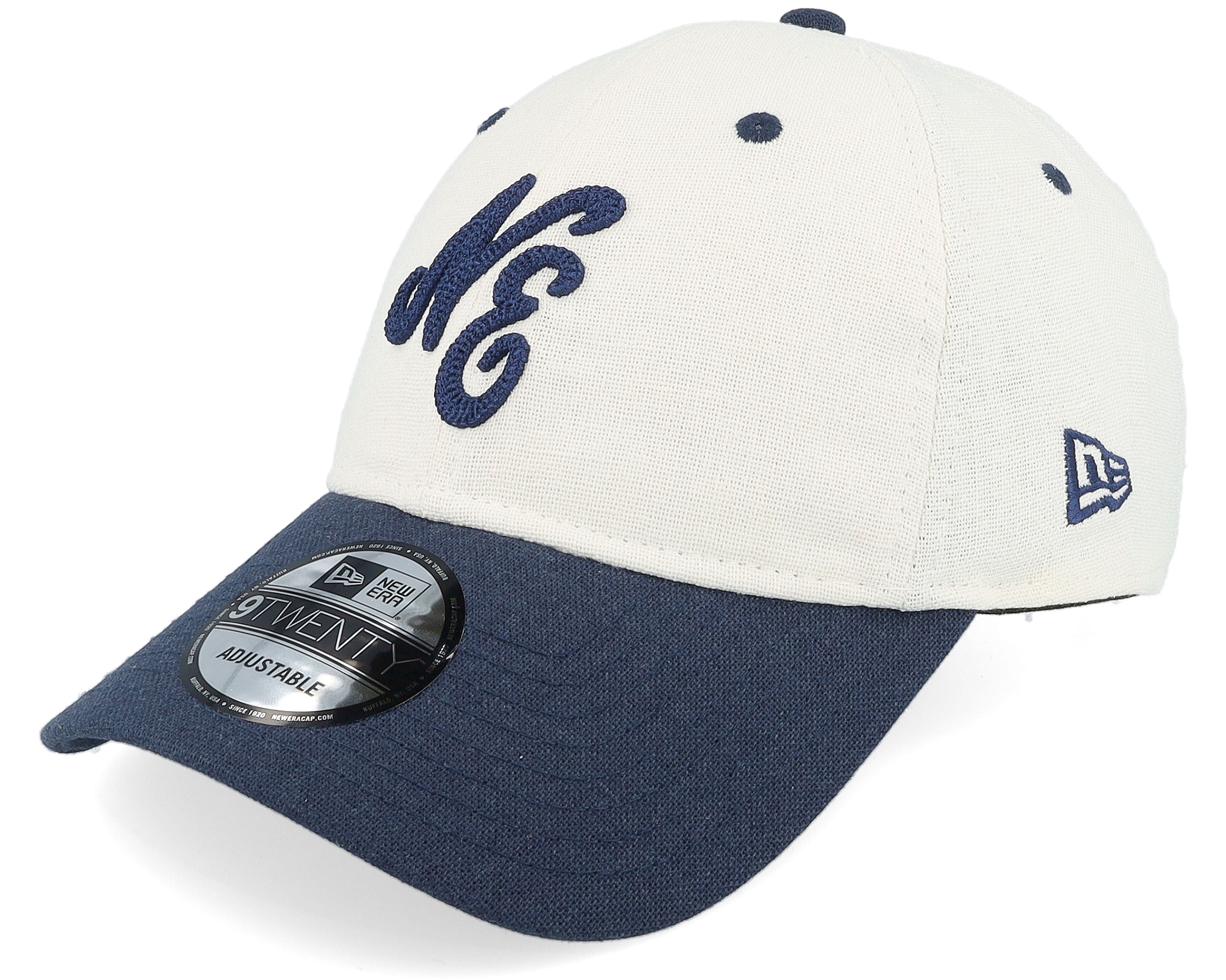 Linen Script 9TWENTY Newera White/Navy Dad Cap | Hatstore.com