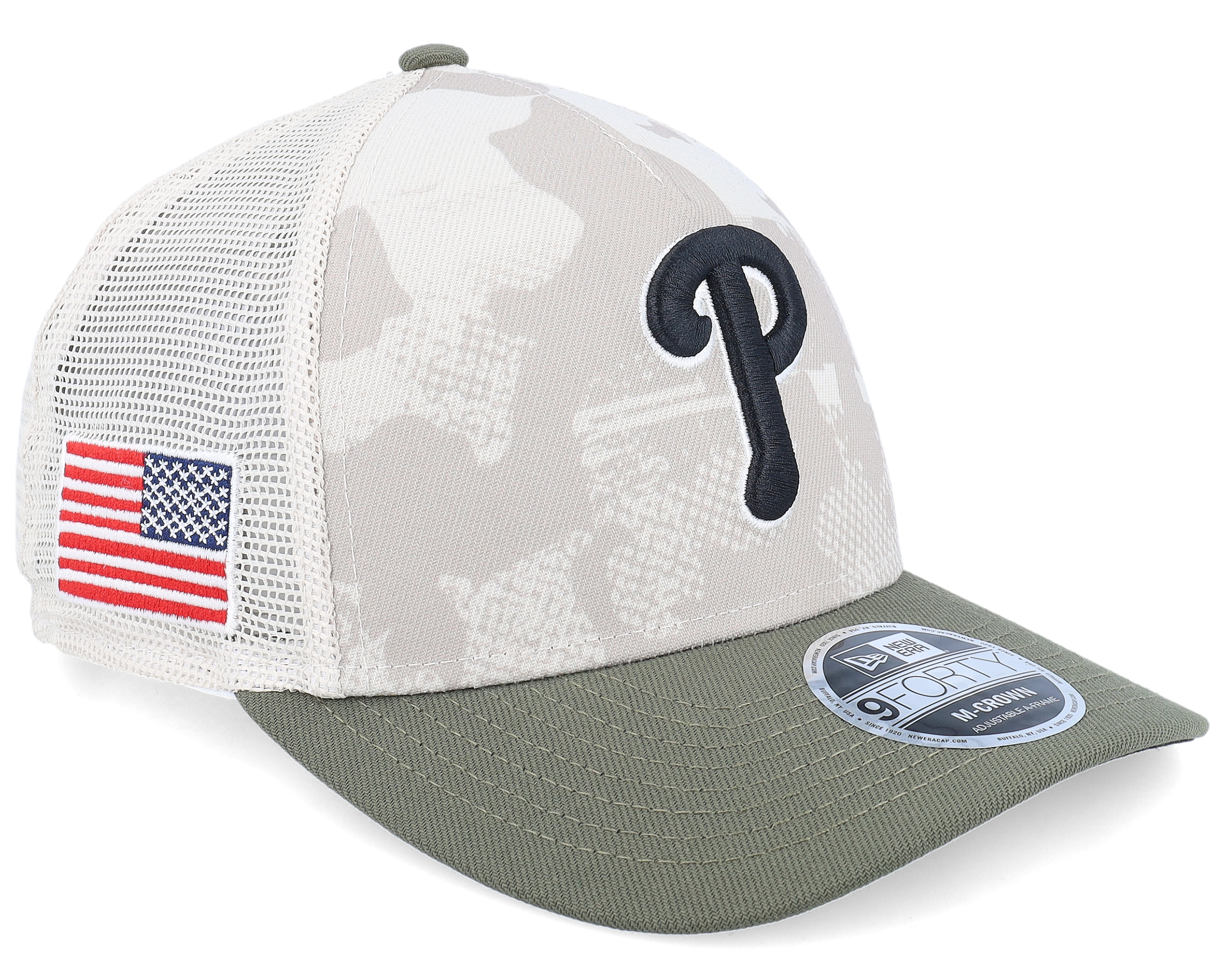 Philadelphia Phillies MLB Armed Forces Day 9FORTY Stone/Olive A-Frame  Trucker