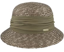 Wheat Braid Cloche With Fabric Flower Olive Straw Hat - Seeberger