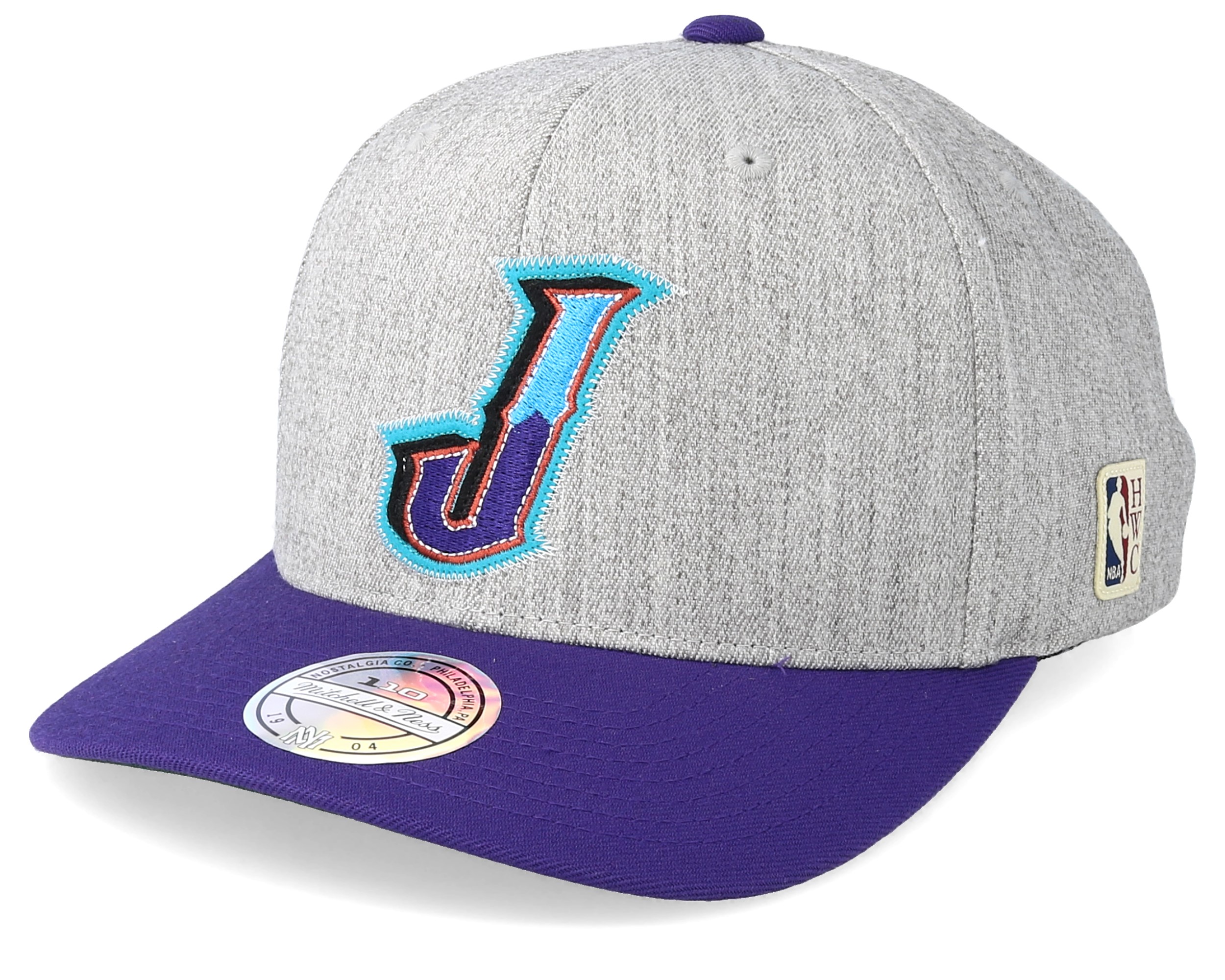 grey and purple hat