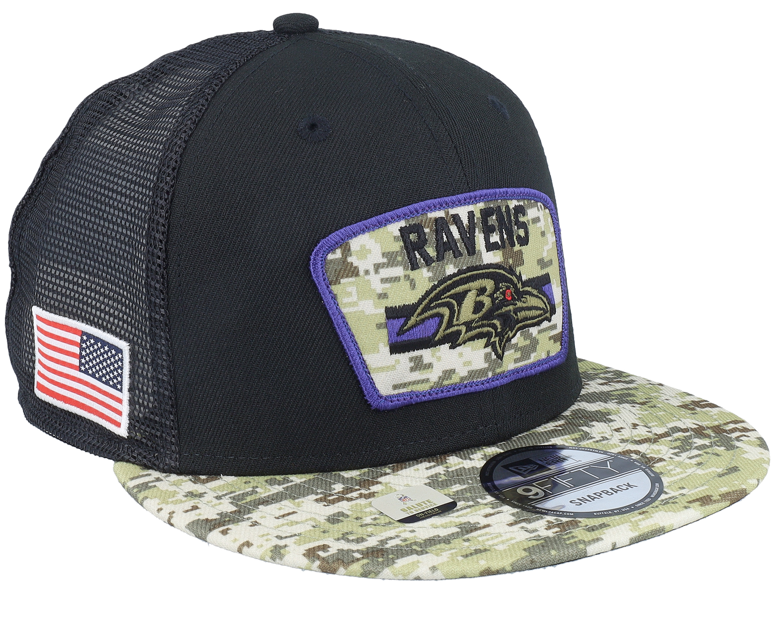 Baltimore Ravens NFL21 Salute To Service 9FIFTY Black Camo Trucker New Era Caps Hatstore.no