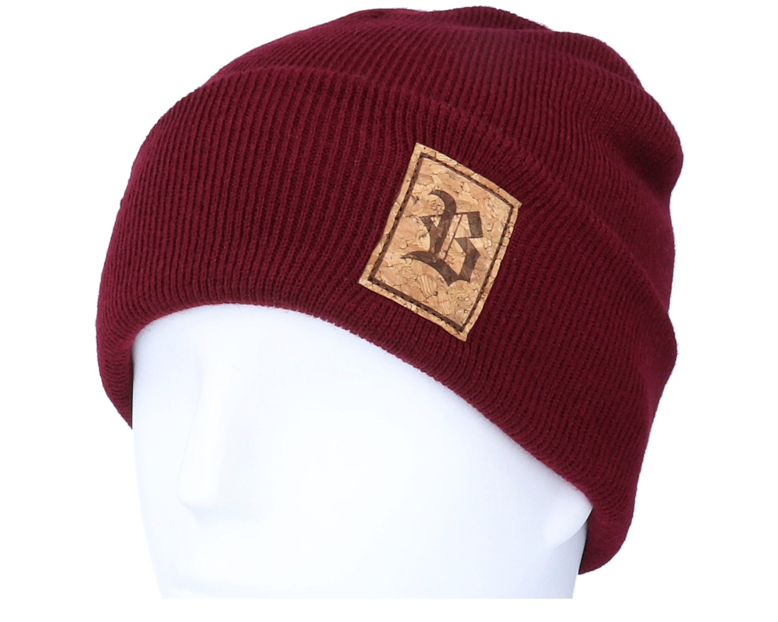 Old English B Patch Burgundy Beanie - Bearded Man | Hatstore.com