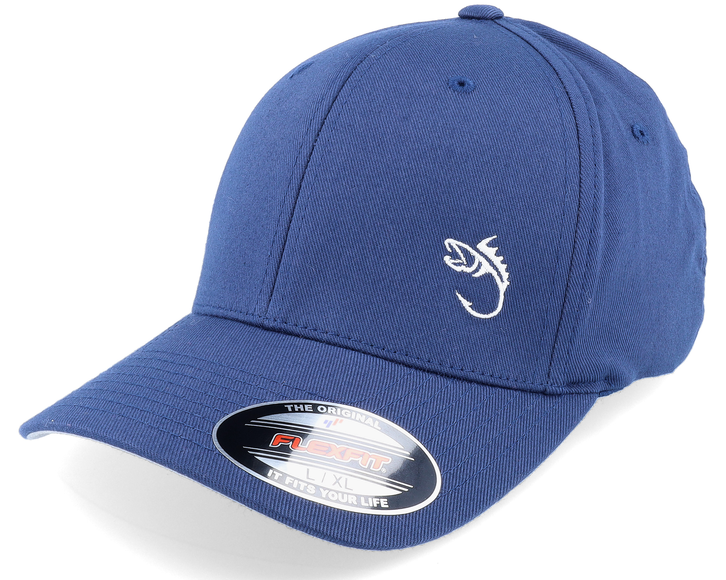 Skillfish - Blue Flexfit Cap - White Fish Hook Logo Navy Flexfit @ Hatstore