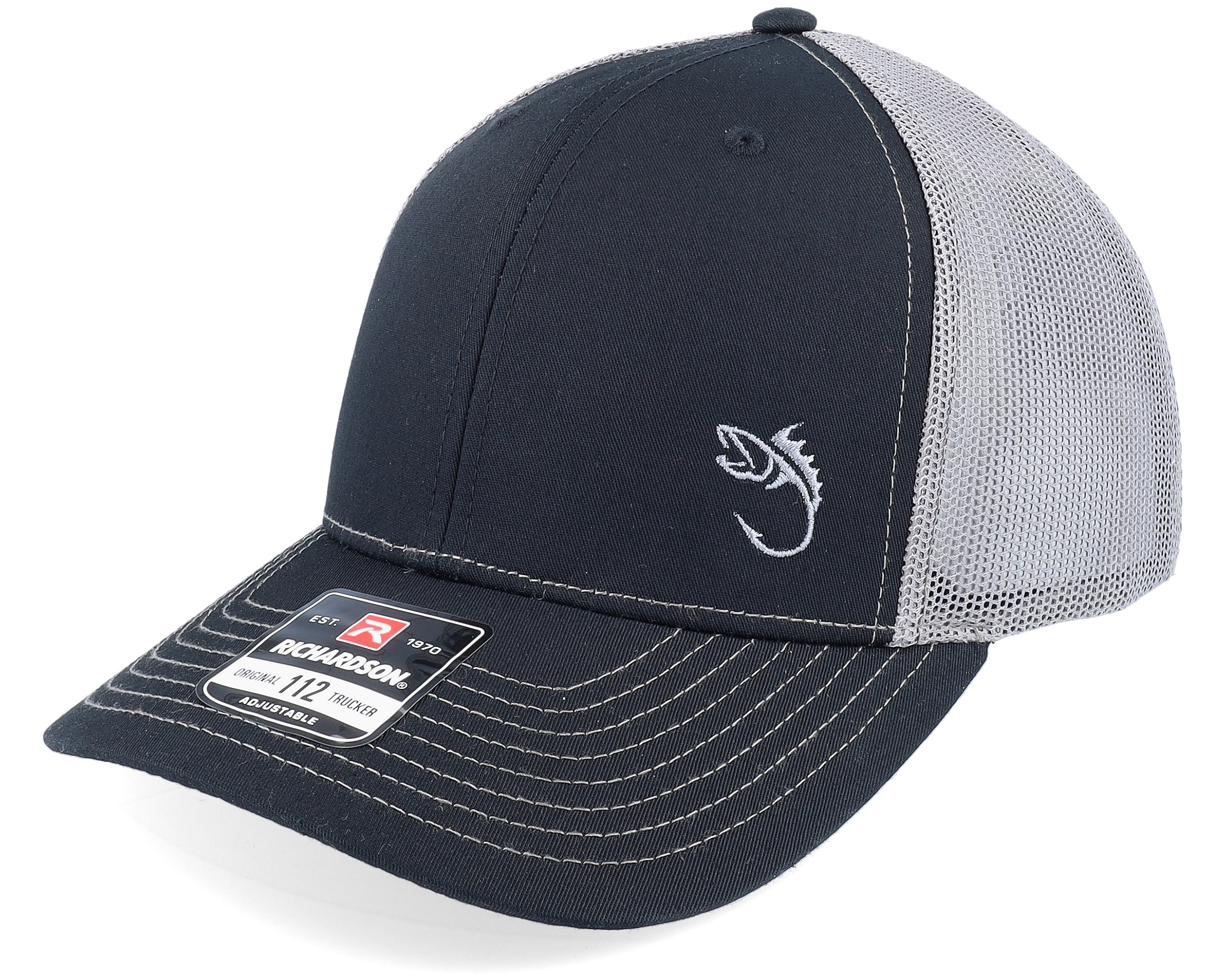Silver Fish Hook Logo Black/Charcoal Trucker - Skillfish cap
