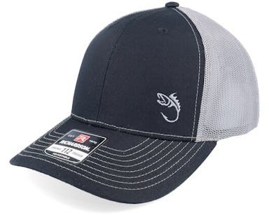 Skillfish - Black Trucker Cap - Silver Fish Hook Logo Black/Charcoal Trucker @ Hatstore