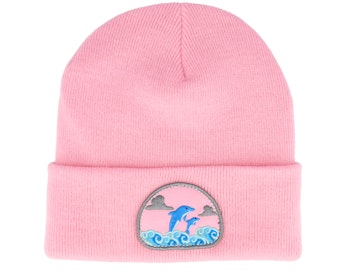 Dolphin On Waves Patch Pink Beanie1