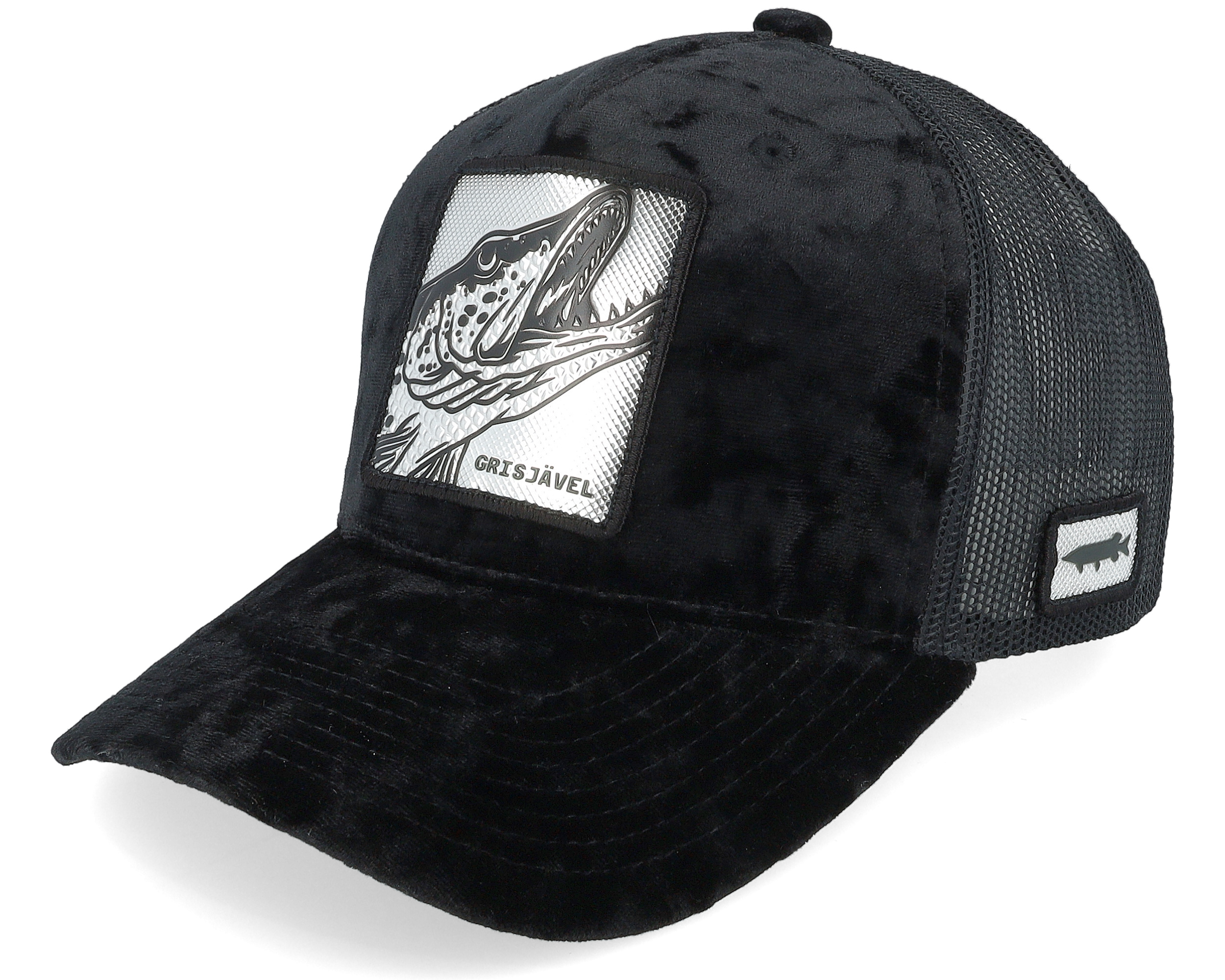 Skillfish - Black trucker Cap - Silver Fish Hook Logo Black/Charcoal Trucker @ Hatstore
