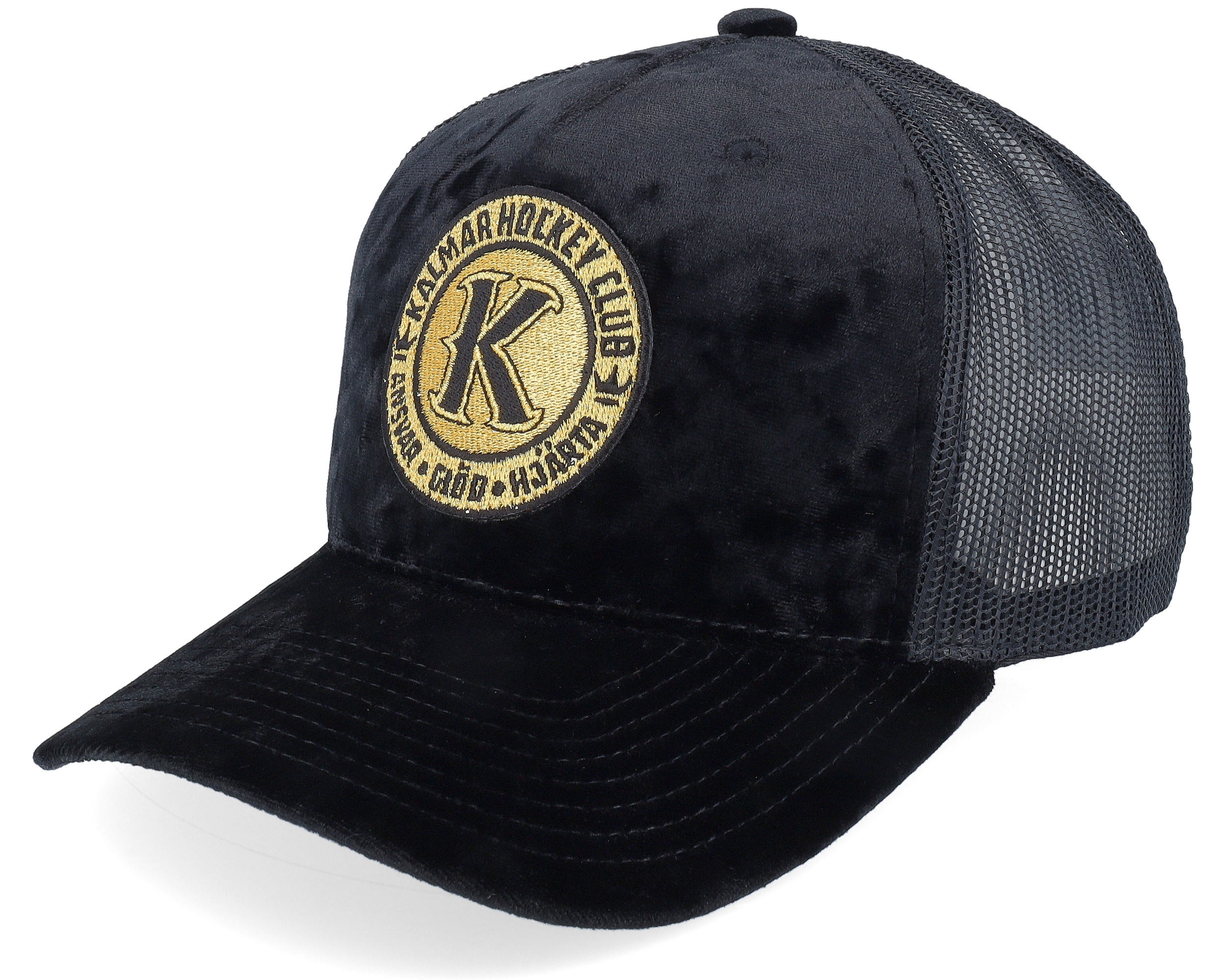 Kalmar HC Black/Gold Patch Velvet Black Trucker - Hatstore cap 