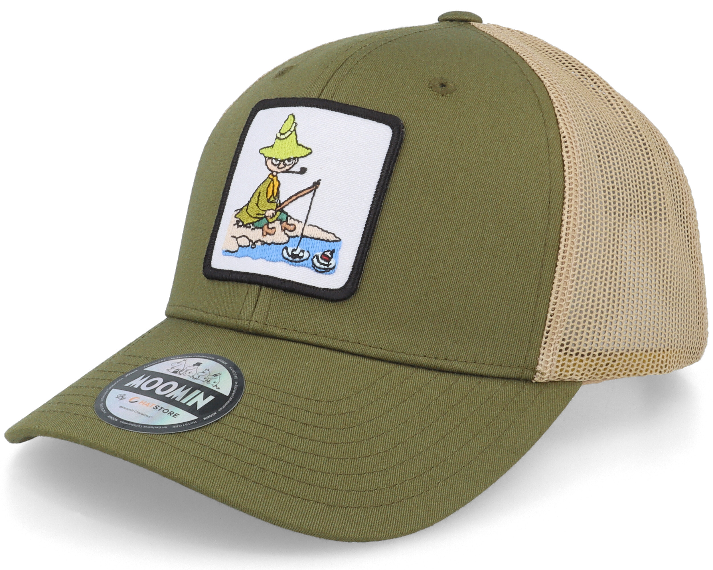 Snufkin Fishing Mossgreen/Khaki Trucker Moomin lippis Hatstore.fi